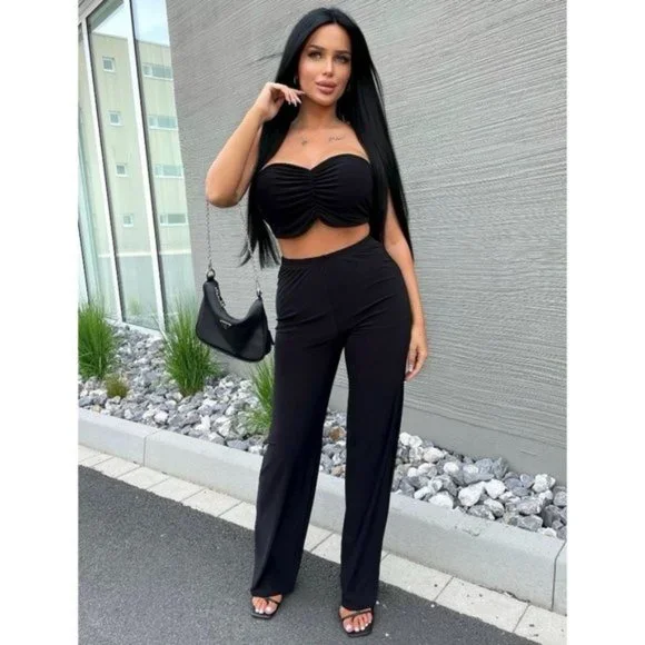 Black Ruched Strapless Crop Top and High Waist Wide Leg Pants Two Piece Set - Picture 5 of 8